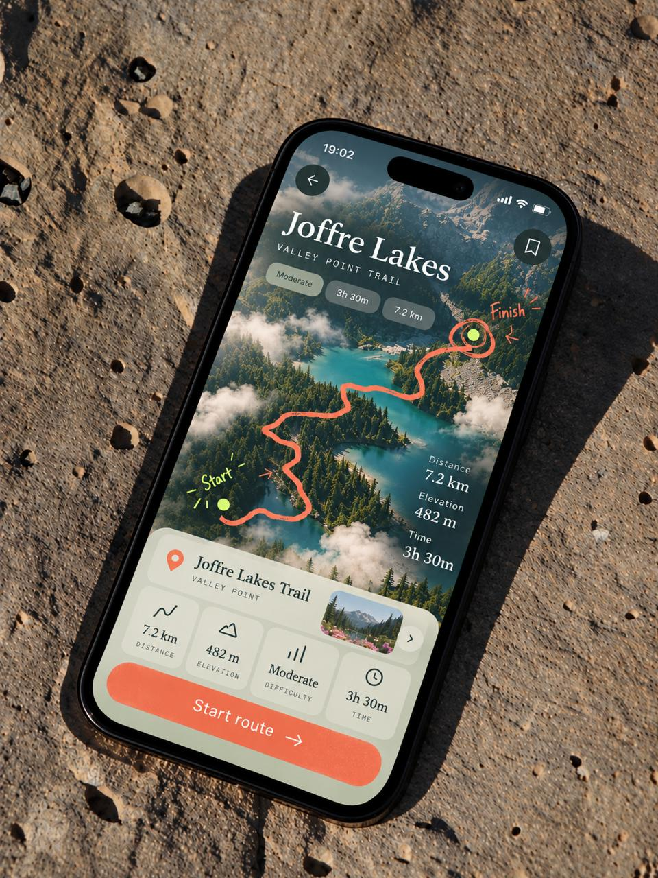Scenic cove with RoveWalk-style map pins and an iPhone showing the same place in the app.